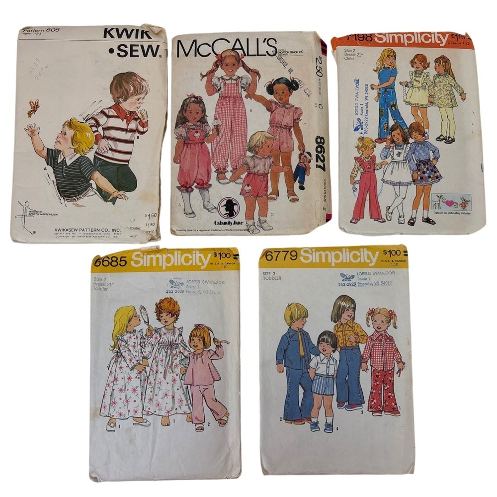 Vintage 70s Sewing Patterns Lot Simplicity McCalls Kwik Sew Toddler Size 2 Youth
